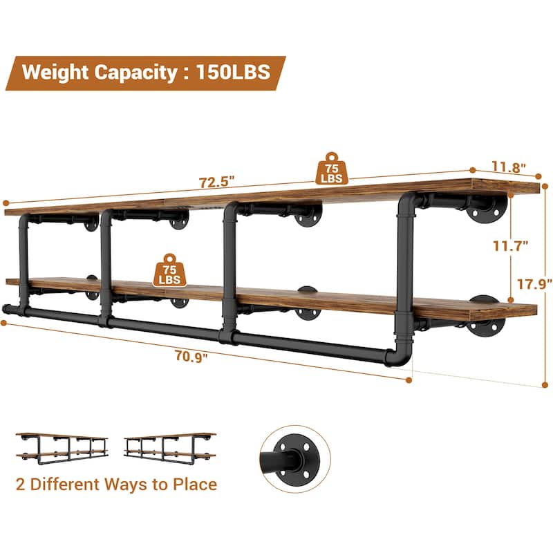 Floating Pipe Heavy-Duty Garment Rack, Wall-Mounted Closet Organizer with Storage Shelves