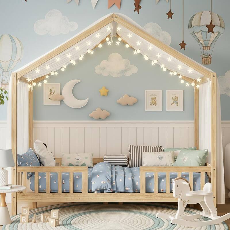 Whimsical Montessori-Inspired Floor Bed with Canopy & Full Safety Rails by Harper&Bright Designs