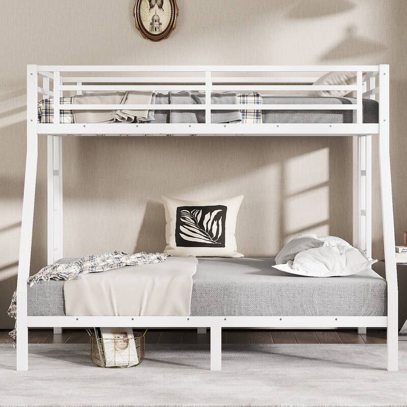 Metal Bunk Bed Frame with Safety Guardrail, Heavy Duty Metal Slat Support, Noise Free - White+Twin over Full - Twin