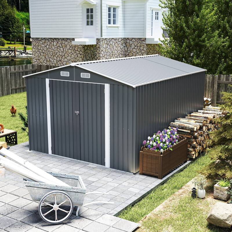 Outdoor Storage Shed 9×11 FT with 3 Lockable Doors,Utility Tool Shed Metal Storage Garden Sheds 4 Vents,Metal Sheds