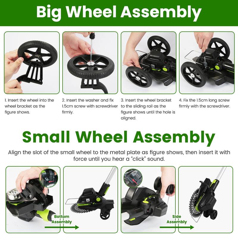 21V Cordless Brushless Grass Trimmer with 3 Blade Types and Adjustable Pole Dual Wheels - 7.68” x 4.33”