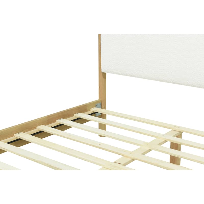 Modern White Boucle Upholstered Bed with Rubberwood Legs, Queen