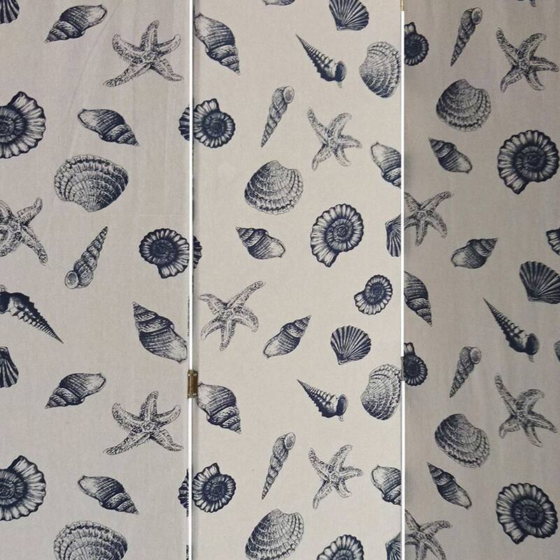 71 Inch 3 Panel Fabric Room Divider with Seashell Print, Blue