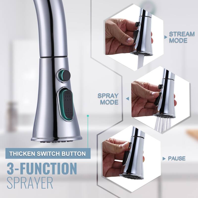WOWOW 3-Functions Single-Handle Pull Down Sprayer Kitchen Faucet