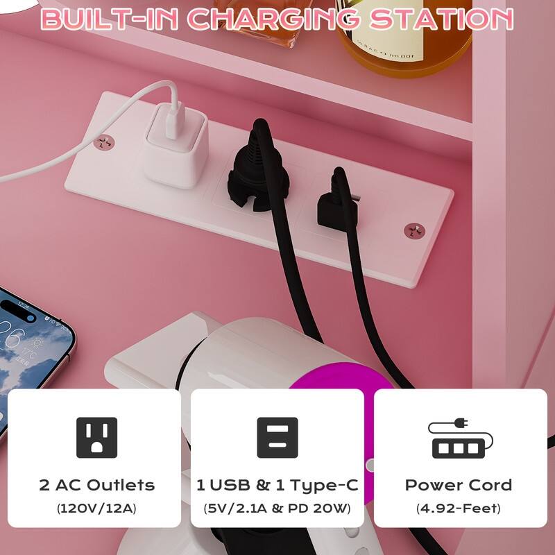 Particle Board Veneered with Textured Melamine 4-drawer 2-shelf with 10 Three-color Dimmable Bulbs Dressing Table - N/A