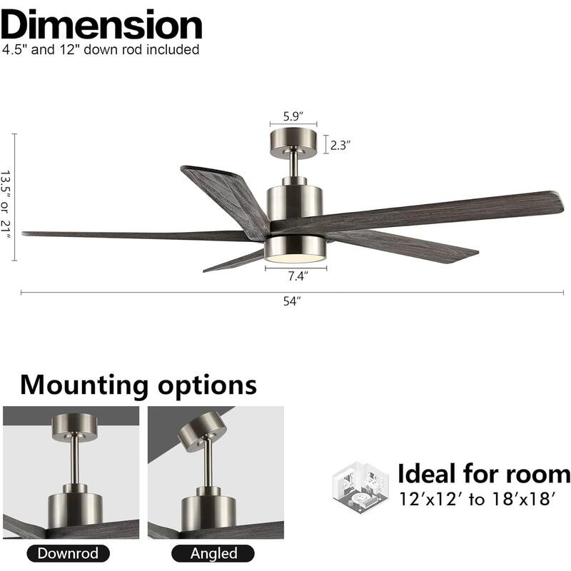 54" Brushed Nickel Aero Blade Ceiling Fan with LED Light and Remote - Brushed Nickel - 54"D x 54"W x 21"H