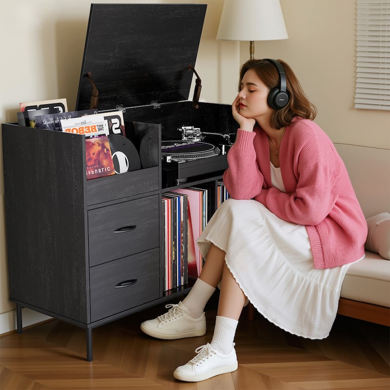 Record Player Stand with Power Outlet, Flip-Down Lid, Vinyl Storage for 300 Albums, Drawers and Steel Legs