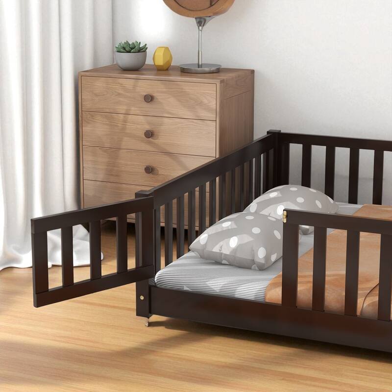 Full Size Rubber Wood Floor Bed with Fence, Door and Safety Guardrails for Kids