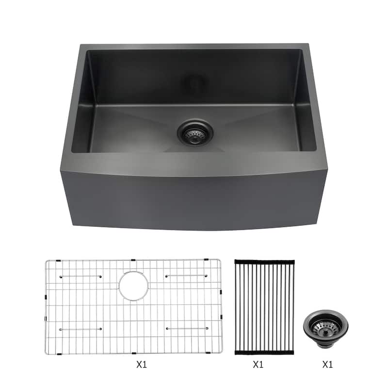 27 inch Farmhouse Kitchen Sink Gunmetal Black Apron Front 16 Gauge Stainless Steel Deep Single Bowl Kitchen Farm Sinks