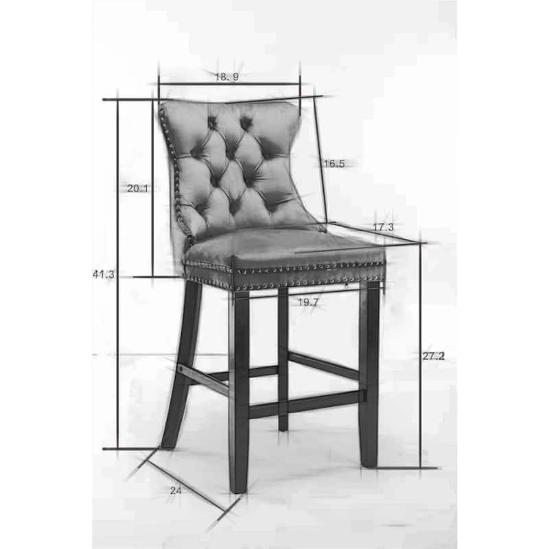 Roomfitters Velvet Bar Stools Set of 2, Tufted Upholstered Counter Chairs with Nailhead Trim and Wooden Legs
