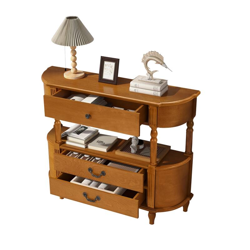 Retro Curved Wood Console Table with 3 Drawers, 43" Entry Table with Storage Shelf, Sofa Table with Solid Wood Legs