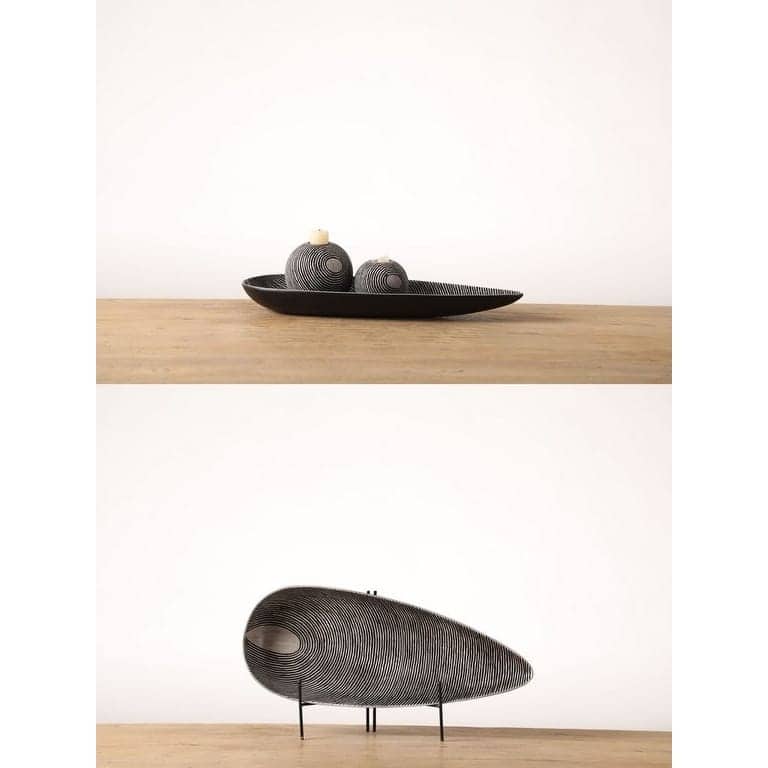 Black 3pc Sunburst Textured Polyresin Candle Holder and Tray Set