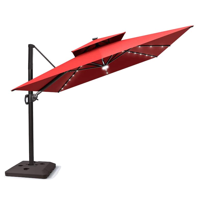 9 x11 FT LED Lighted Patio Cantilever Umbrella Double Top with Weighted Base