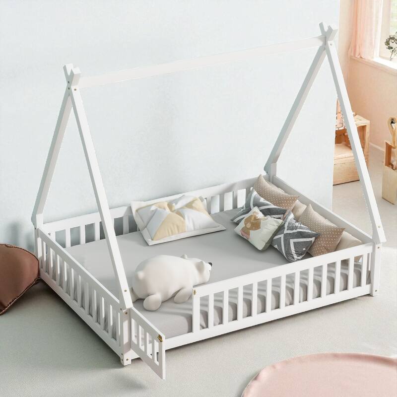 Full Size Rubber Wood Teepee Floor Bed with Guardrails, Slats and Door for Kids Bedroom