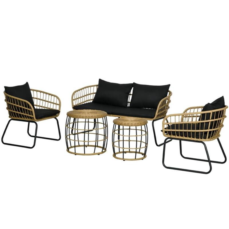 5-Piece Outdoor Patio Conversation Set with PE Rattan, Cushions & Dual Coffee Tables - Red