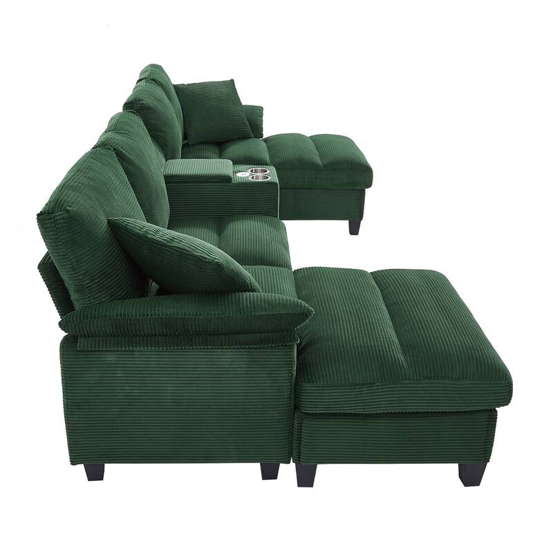 Roomfitters U-Shaped Sectional Sofa 116.9" Corduroy Upholstered Couch with Storage Ottomans, Cup Holders and USB Ports