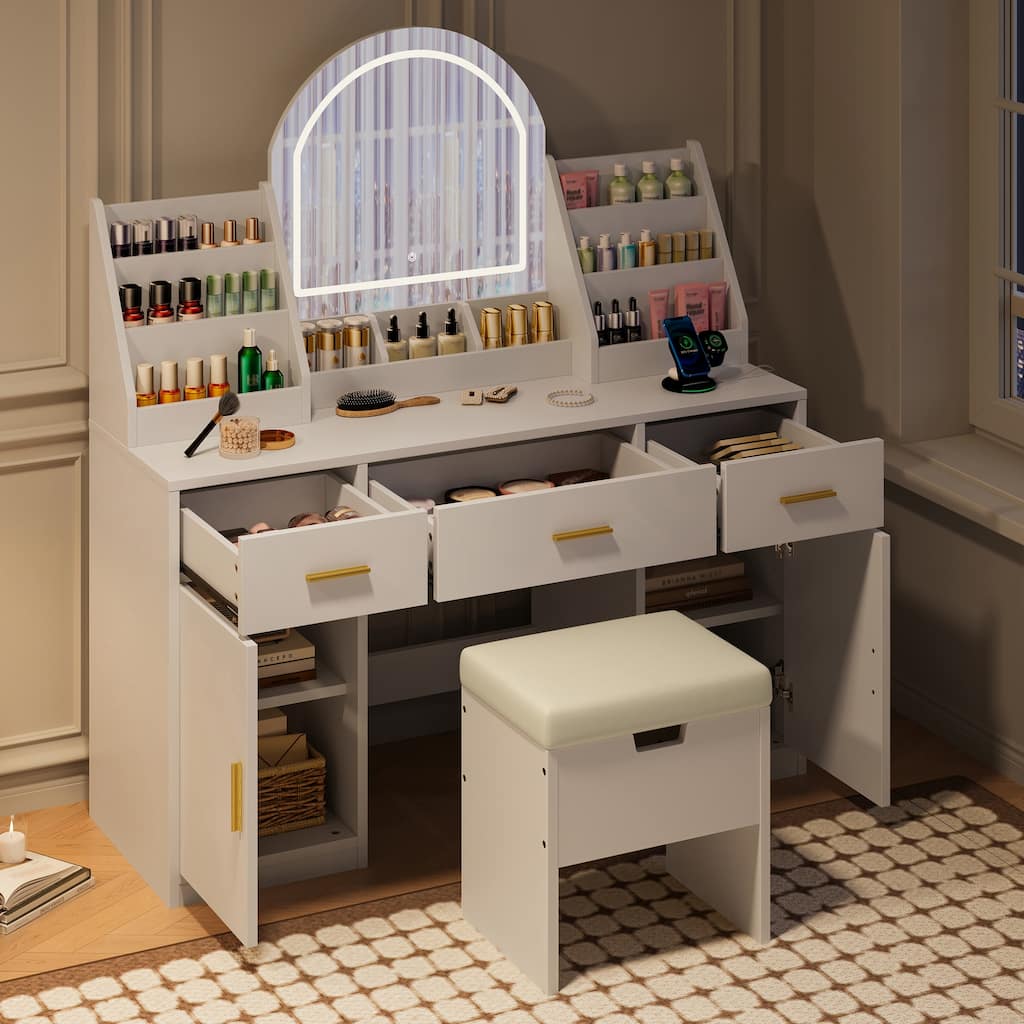 47.2" Makeup Vanity with Mirror and Light, Vanity Desk with Cushioned Storage Stool, Dressing Table with Two Organizers