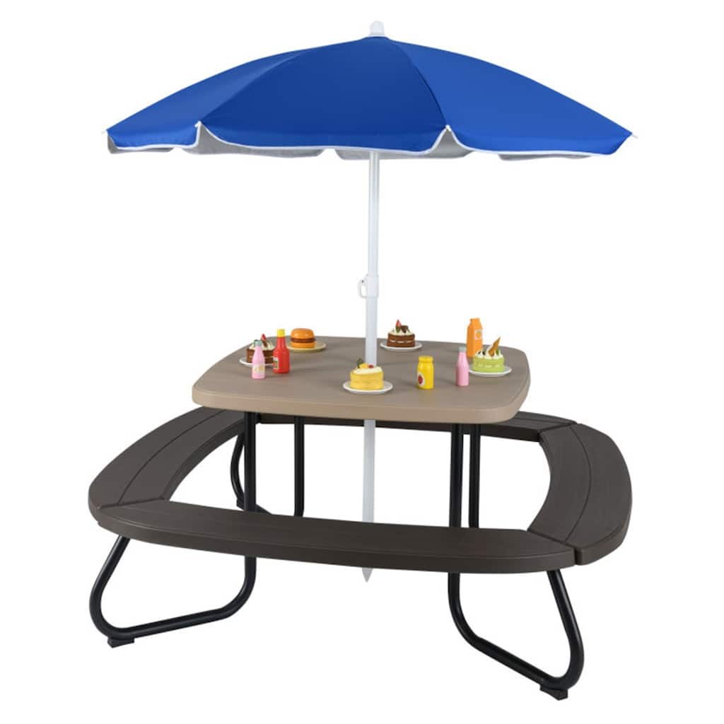 Kids Outdoor Picnic Table with Adjustable Umbrella and Benches Metal Frame and Weather-Resistant Surface - 49" × 49" × 39"-63"