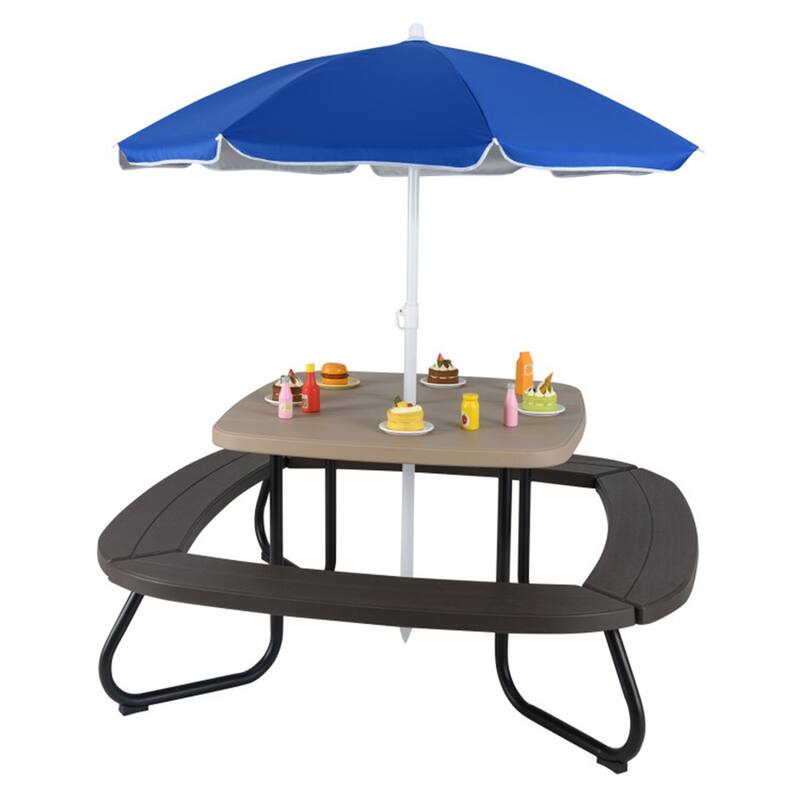 Kids Outdoor Picnic Table with Adjustable Umbrella and Benches Metal Frame and Weather-Resistant Surface - 49" × 49" × 39"-63" - Blue-Brown-Grey