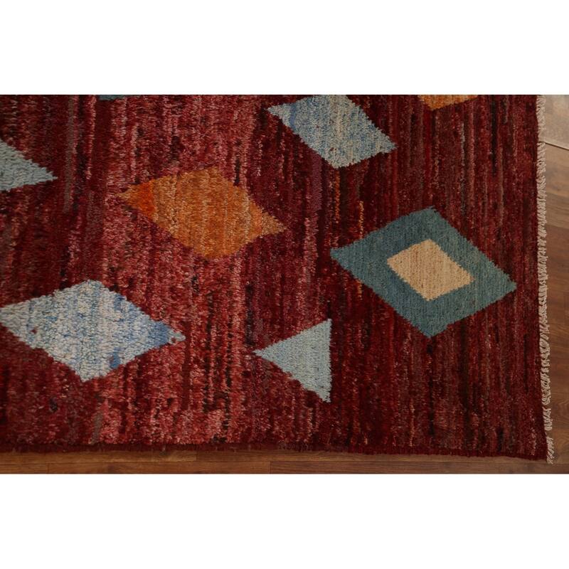 Hand Knotted Oriental 100% Wool Carpet Modern Tribal Red Moroccan Area Rug - 7' 7'' X 5' 9''