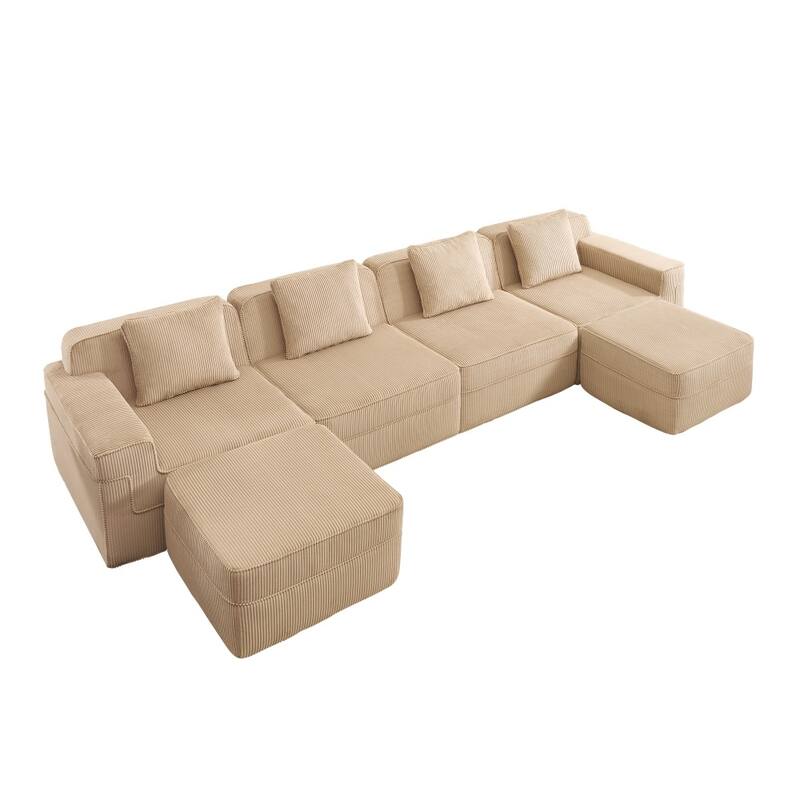 4-Seat U-shaped Corduroy Modular Boneless Cloud Sofa with 2 Movable Ottomans