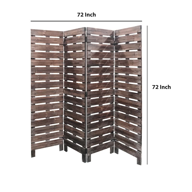 4 Panel Wooden Room Divider with Horizontal Planks, Brown