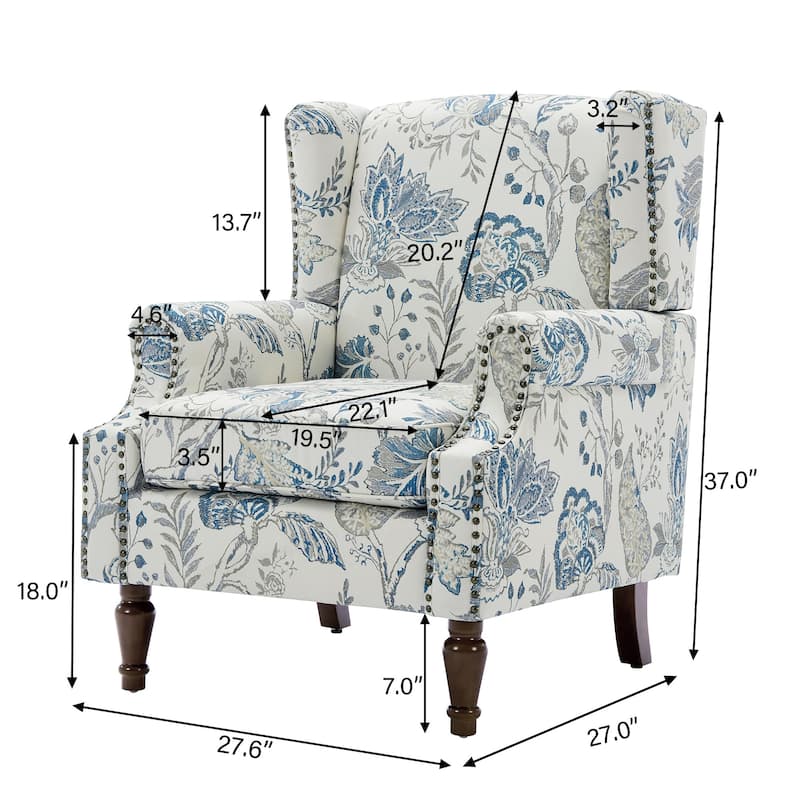 2 Set Transitional Patterned Wingback Accent Chairs with NailHead