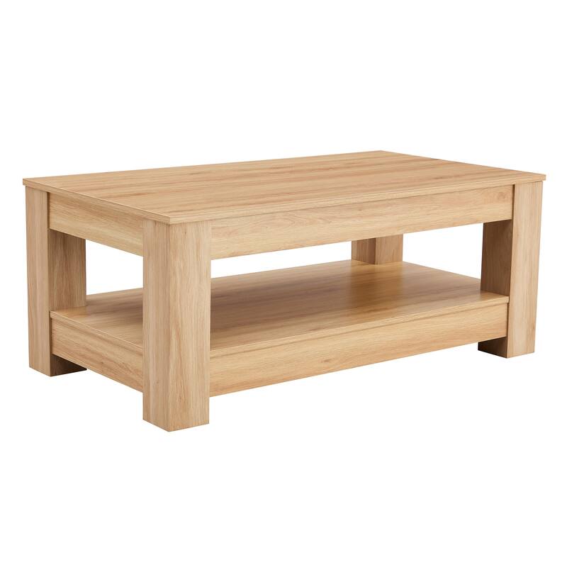 A modern and practical coffee table. The double layered coffee table is made of MDF material