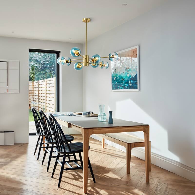 8-Light Modern 2-Tier Sputnik Linear Cluster Gradient Blue Clear Glass Globe Bubble Chandelier