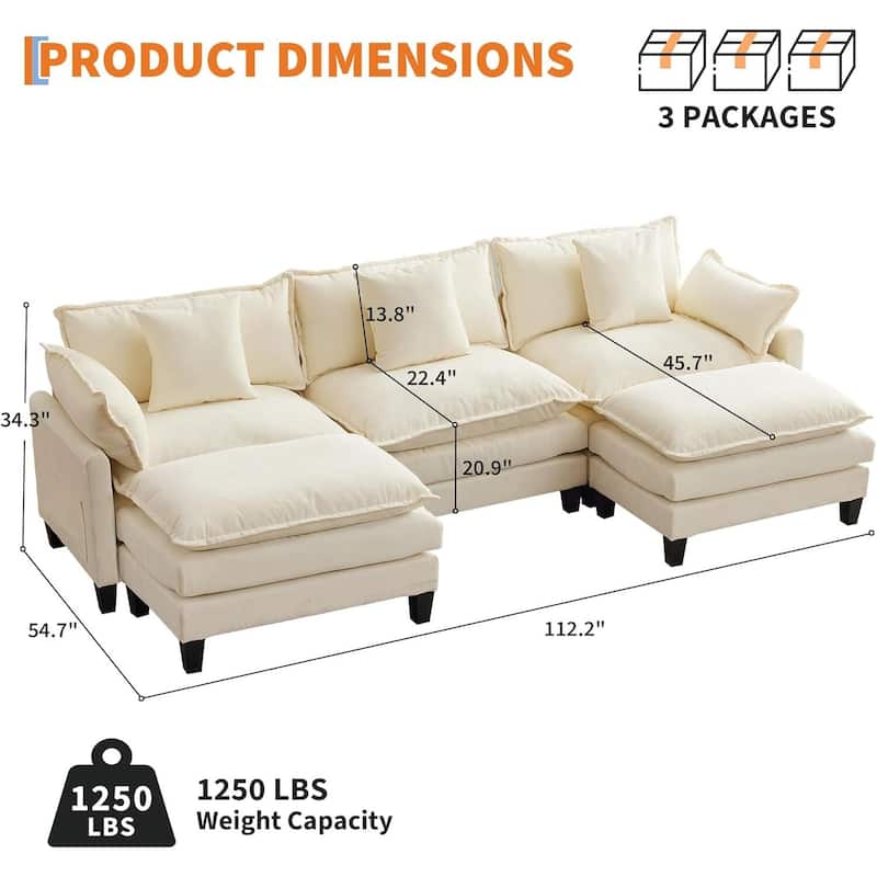 3-Seater Modular Sectional Sofa with Ottoman, 112.2"