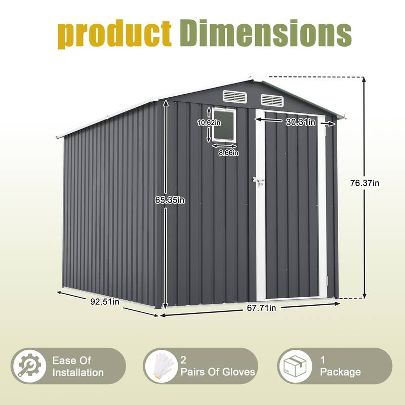 6x8FT Outdoor Steel Storage Shed with Clear Window, Lockable Doors, Compact Metal Tool Shed for Garden