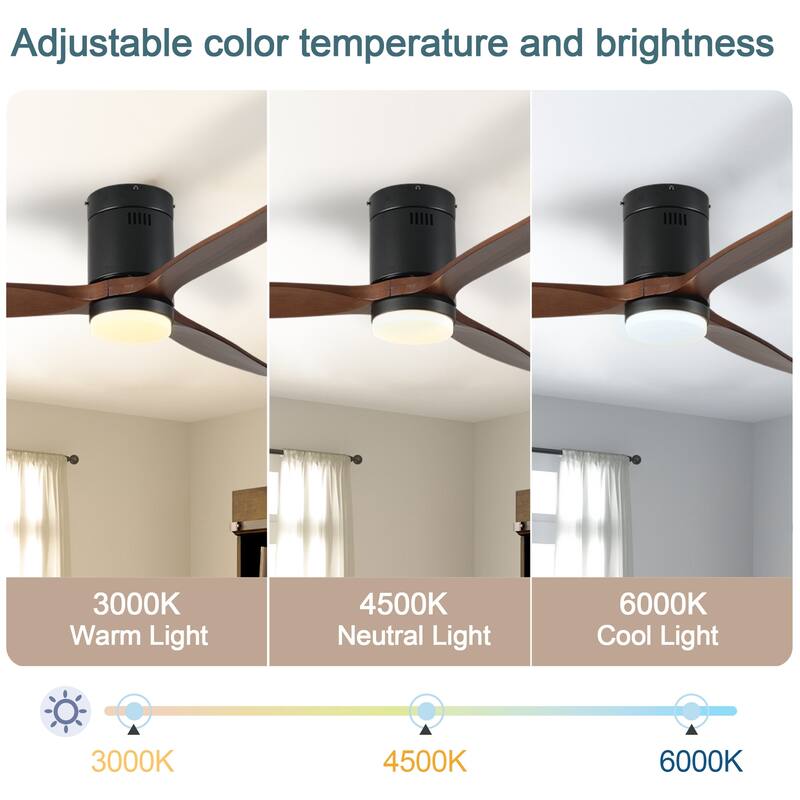 52 Inch Ceiling Fan with Light, 3 Dark Walnut Solid Wood Blades,Remote Control,6-speed Reversible DC Motor - Black + Dark Walnut