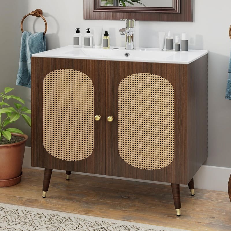 Moasis 24" Bathroom Vanity with Ceramic Sink, Rattan Double Door Cabinet and Drawer, Freestanding Solid Wood Legs - 36"W x 18.9"D x 34.6"H - Walnut