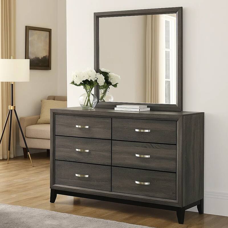 Transitional Wooden Dresser with 6 Spacious Drawers, Gray and Black