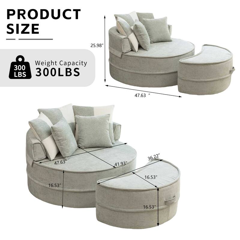 Chenille Oversized Round Barrel Chair with Ottoman, 5 Pillows, and No-Sag Rebound Sponge