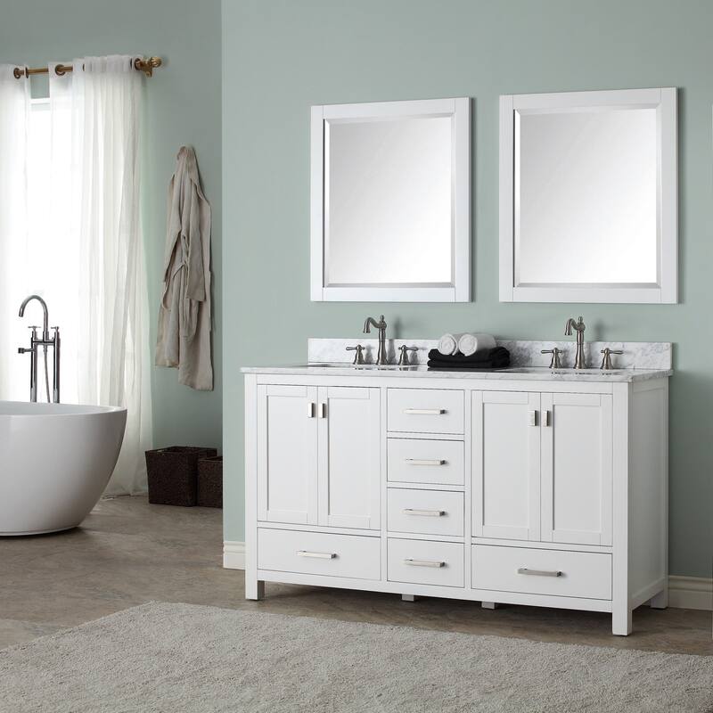 Modero 60 in. Double Sink Bathroom Vanity in White with Carrara Marble Top - 61"W x 22"D x 35"H