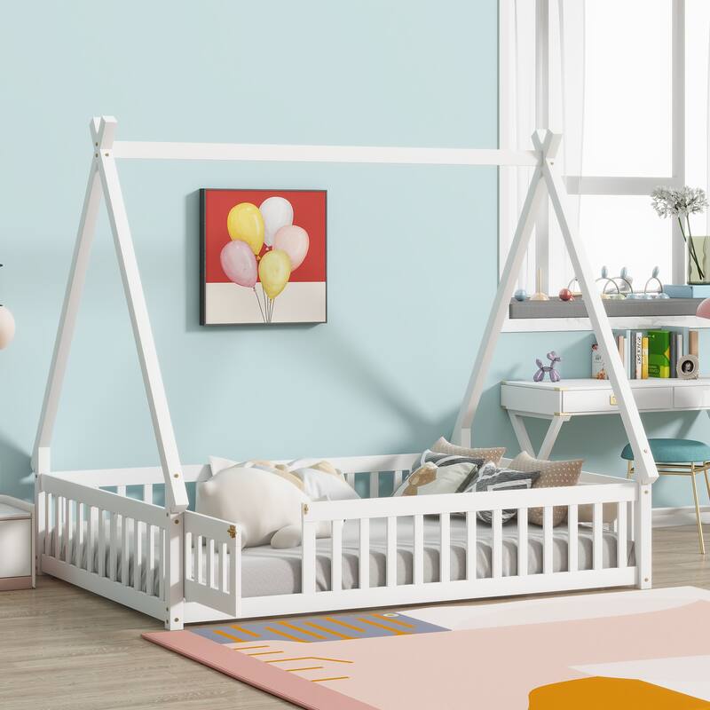 Tent-Shaped Floor Bed, Wooden Kids Teepee Bed with Fence and Door - White - Full