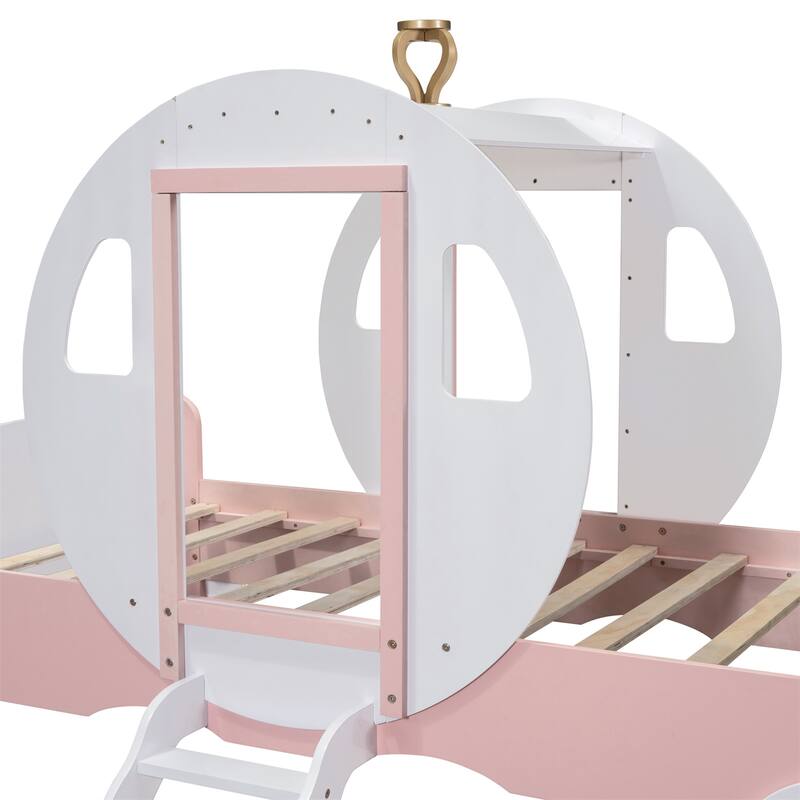 Twin Size Princess Carriage Wood Platform Car Bed with Crown and Stair