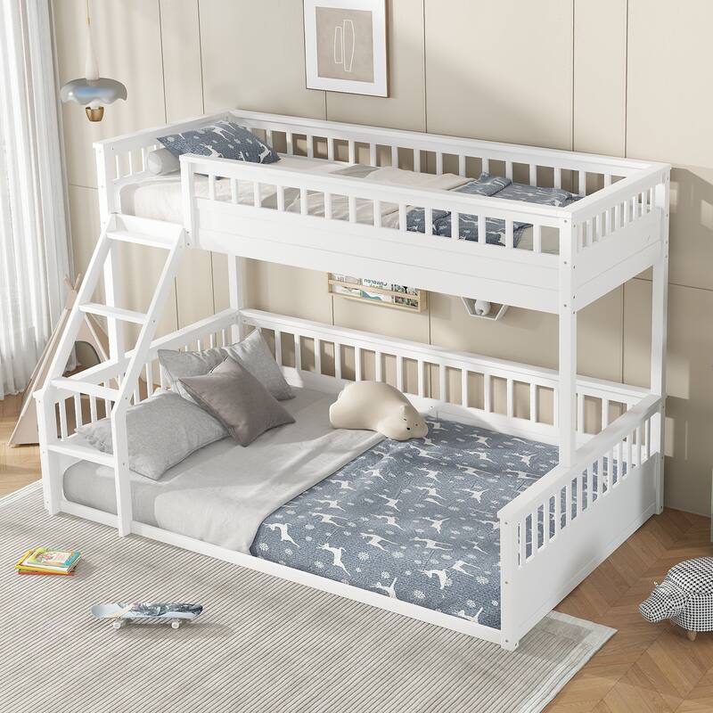Roomfitters Twin XL over Queen Bunk Bed with Ladder and Safety Guardrails, Space-Saving Wood Frame, White