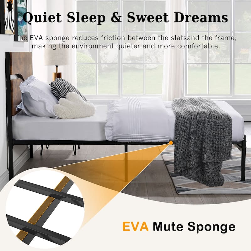 Javlergo Metal Platform Bed Frame with Wooden Headboard and Footboard Farmhouse Rustic Platform Bed Frame No Box Spring Needed