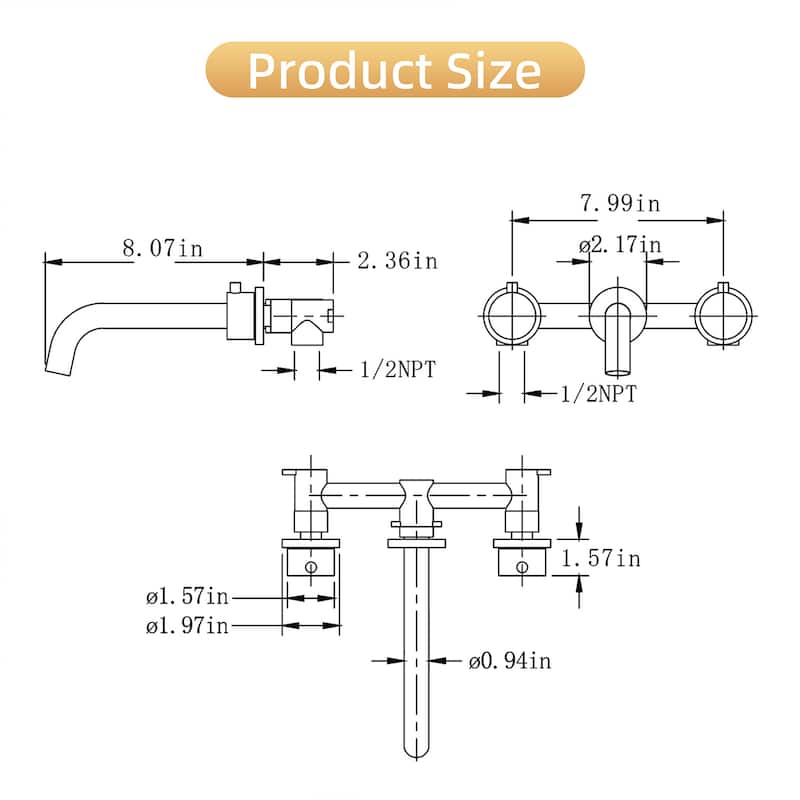 2-Handle Wall Mount Bathroom Faucet in Matte Black - Faucet Height: 4.1"