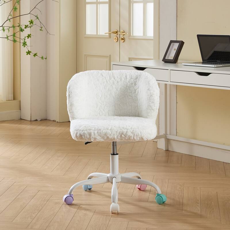 Roomfitters Faux Fur Office Chair, Adjustable Swivel Desk Chair with White Metal Base and Colorful Wheels - Ivory