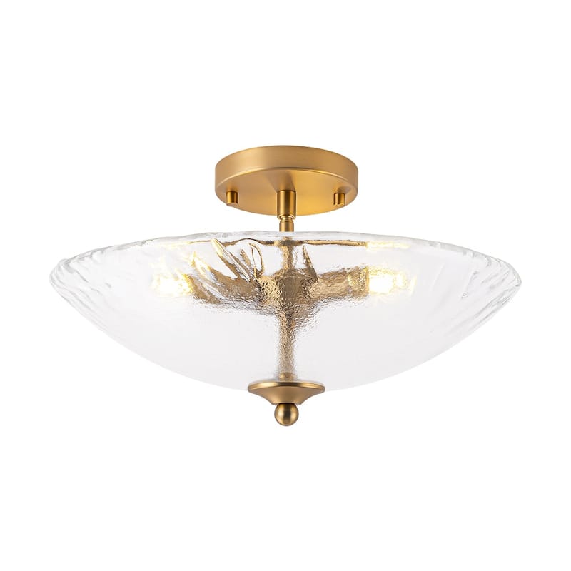 Mid-Century Brass Round Glass Bowl Semi Flush Ceiling Light 15in - Clear Glass