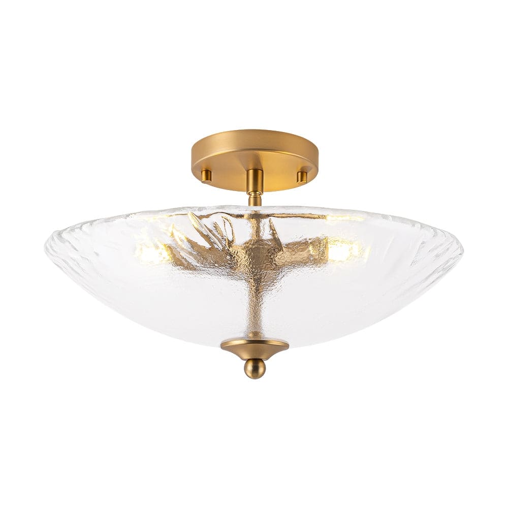 Mid-Century Brass Round Glass Bowl Semi Flush Ceiling Light 15in