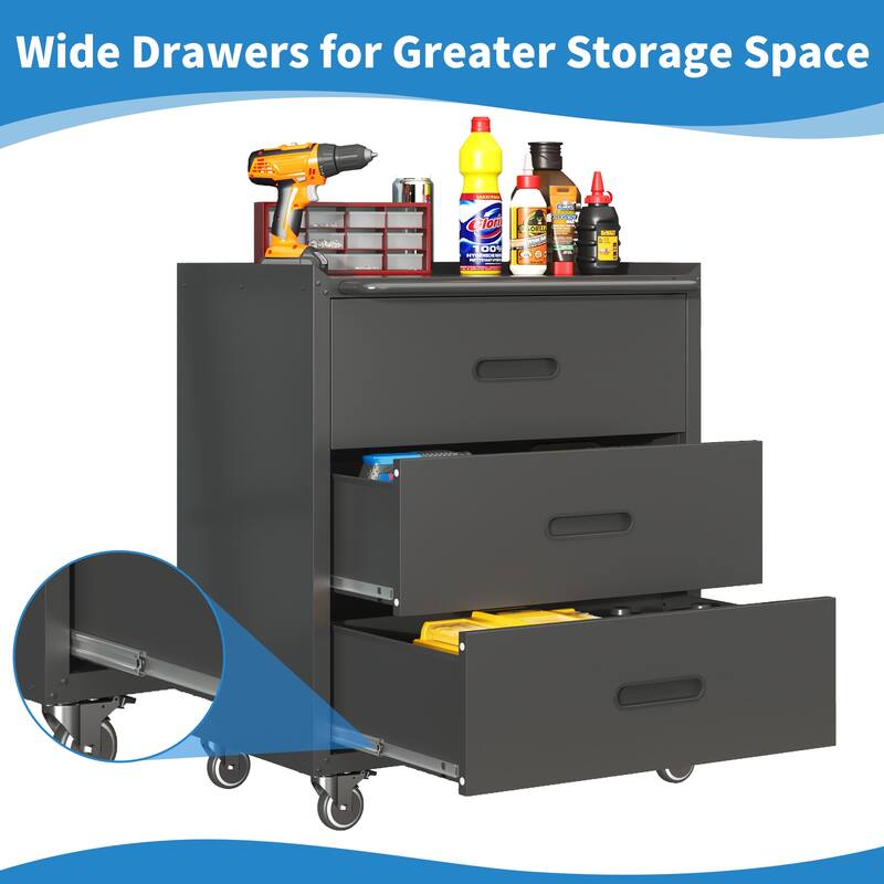 Black and Grey Steel Storage Cabinet with Raised Top and Smooth Sliding Drawers for Garage - 29.53"W x 16.54"D x 34.65"H