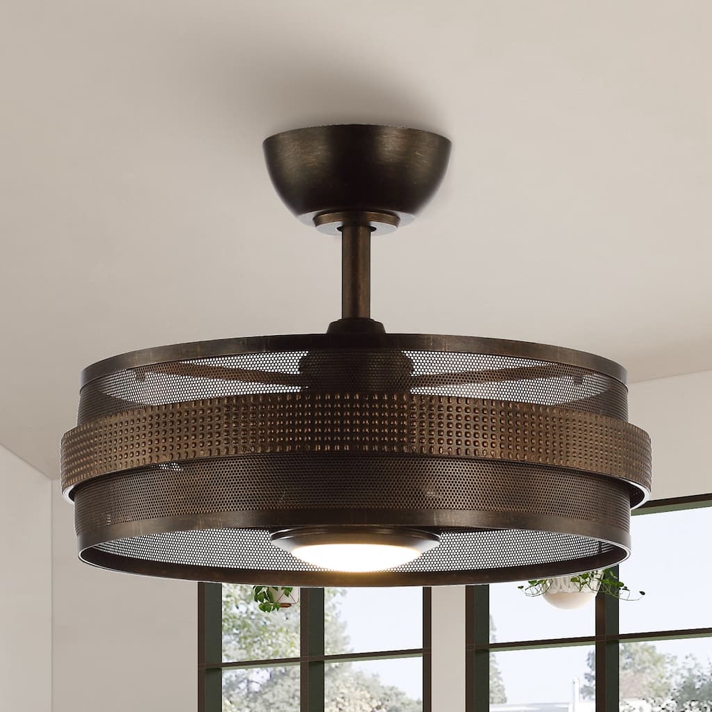 21-inch Brown Rustic Cage Small Ceiling Fan/ Fandelier with Light and Remote - 21 in. D x 21 in. W x 15.5