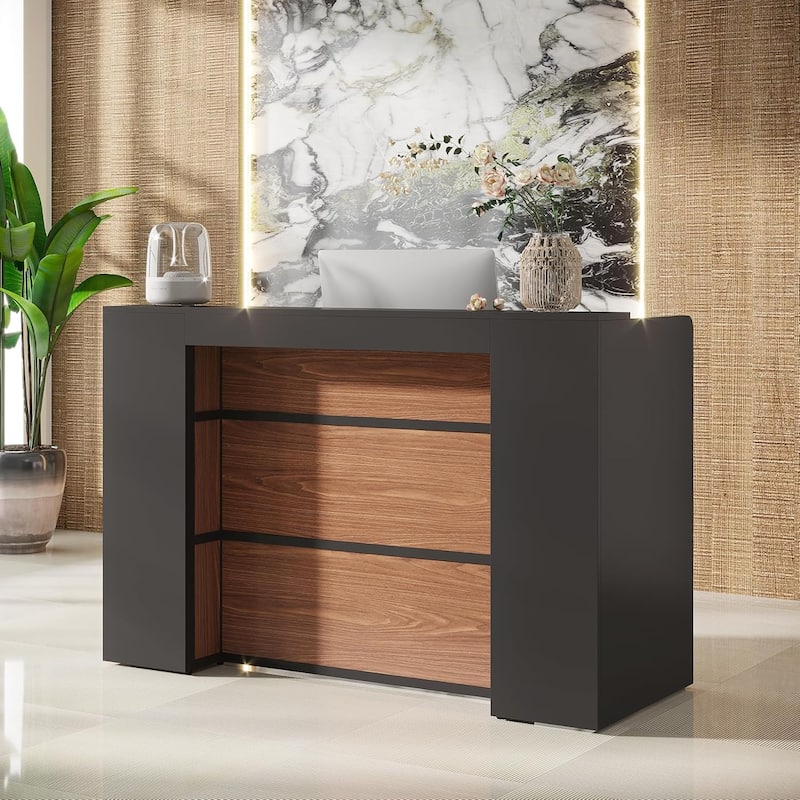 63" Reception Desk & Lectern Podium, Front/Checkout Counter & Conference Speaker Desk for Lobby, Retail, Church, Office - Black+Brown