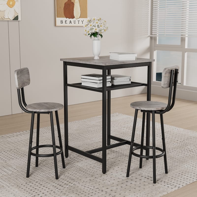 3-Piece Bar table set,equipped with 2 bar stools, with backrest and partition - Grey