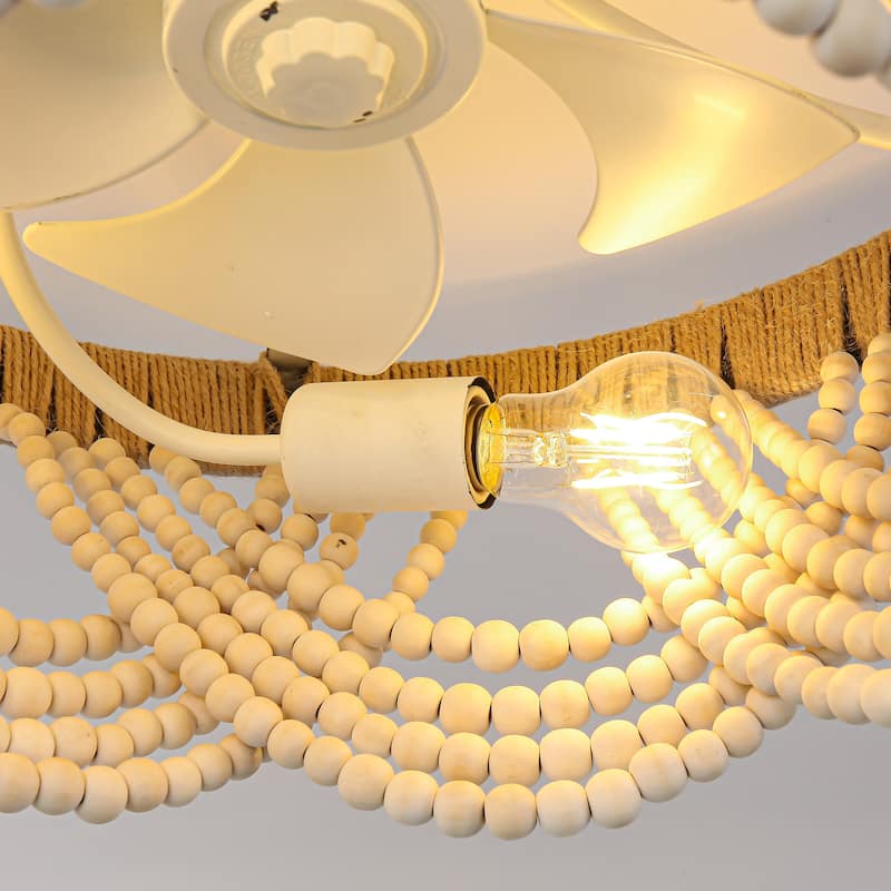 20" Smart Bohemian Wood Bead Beige Ceiling Fan with Remote and Light and APP Control - 19.7" D x 19.7" W x 10.1" H