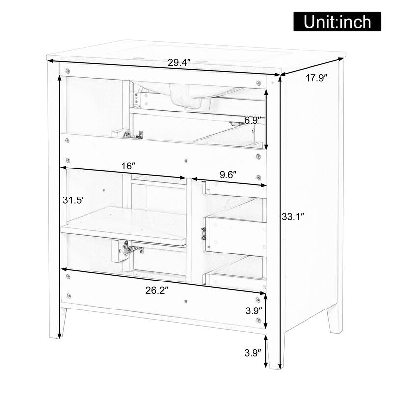 30-Inch Bathroom Vanity with Sink, Modern MDF and Rubberwood Cabinet with 3 Drawers and Adjustable Shelf, Freestanding